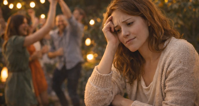 Femme pensive assise à l'écart lors d'une fête en plein air.