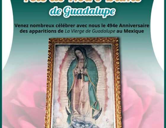 Affiche de la Fête de Notre-Dame de Guadalupe célébrée à la crypte de la Basilique de Fourvière le 12 décembre 2025, avec l’image de la Vierge de Guadalupe, les horaires du chapelet et de la messe, et l’invitation des Amis de Notre Dame de Guadalupe.