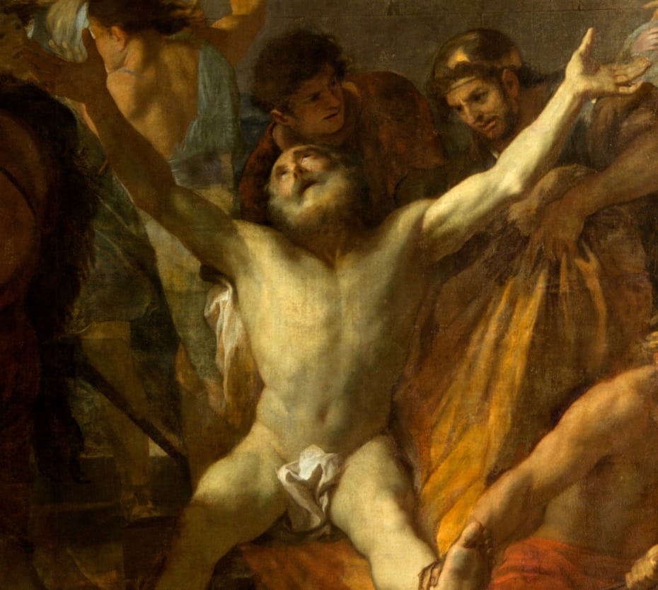 Peinture du crucifiement de saint André par Charles le Brun, gros plan sur saint André