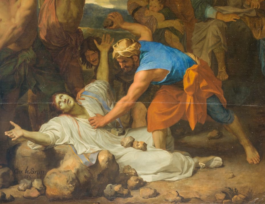 Peinture de la lapidation de saint Etienne par Charles le Brun, gros plan sur saint Etienne