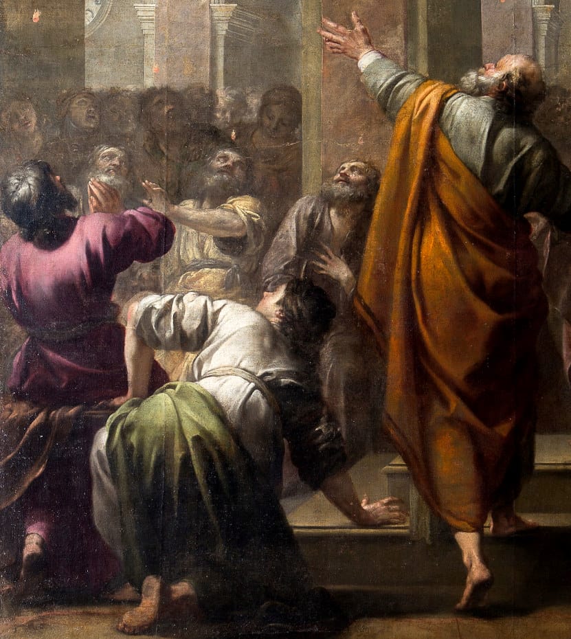 Détails de la peinture de la descente du Saint-Esprit par Jacques Blanchard