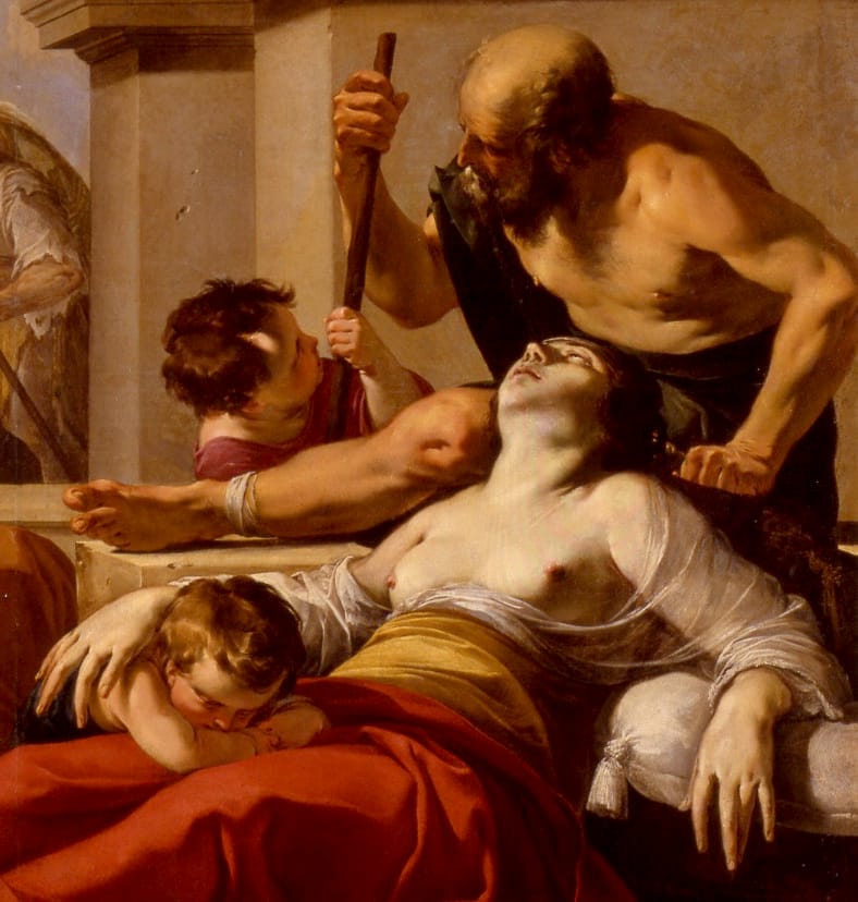 Peinture de saint Pierre guérissant les malades par Laurent de la Hyre, gros plan sur l'enfant pleurant le décès de sa mère