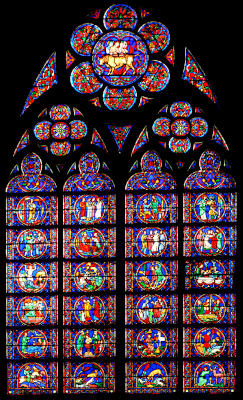 Vitrail de la vie de saint Eustache, reconnaissable grâce à la biche sur la dernière ligne de carreaux