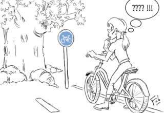 cycliste femme s'interrogeant devant un arbre planté sur la piste cyclable