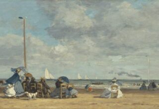 Peinture impressioniste d'une côte Normande. Sont représentés des estivants, assis sur des chaises et contemplant la mer, sur laquelle voguent des voiliers.