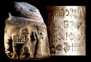 Inscriptions en élamite linéaire ; à gauche, texte du roi Puzur-Sushinak (22e siècle av. J.-C.), Suse, Musée du Louvre ; à droite, texte du roi Pala-ishan (vers 1900 av. J.-C.), collection Mahboubian