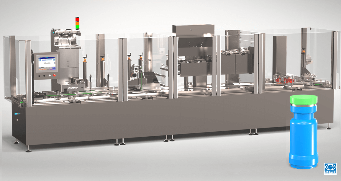 Packaging machine with double Sleeve Label application heads and a double shrink tunnel for your sensitive pharmaceutical products