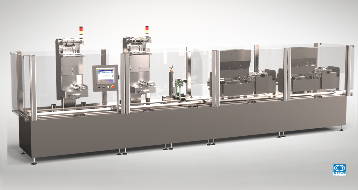 Compact and monobloc packaging machine, composed of two Sleeve application heads followed by a double shrink tunnel