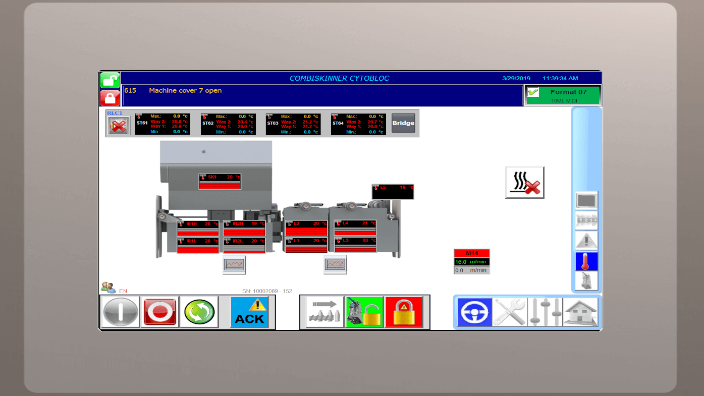 A control screen allows live monitoring and control of shrinkage's temperatures inside the Shrink Tunnel through multiple probes