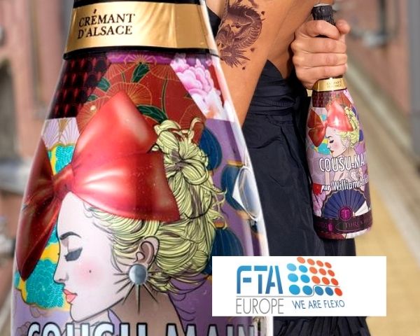 Sparkling wine bottle with various colors and metallic and relief effects