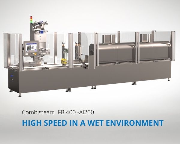 A packaging machine adapted for high speed production batches in aseptic and humid environments