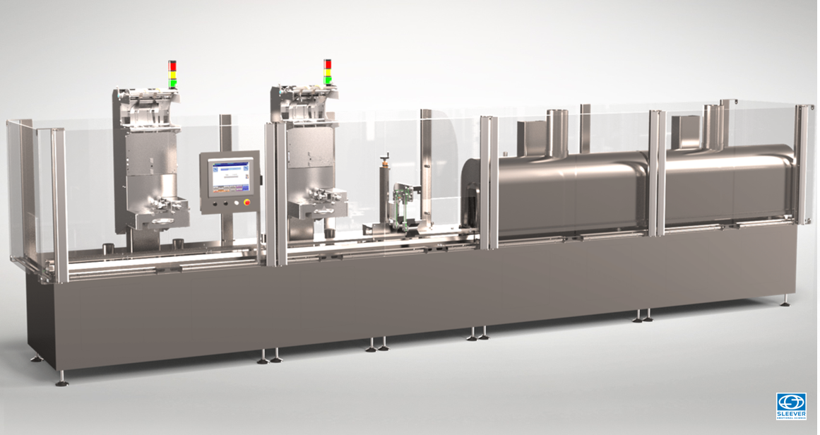 The LWPET packaging machine integrates a double application head  Module followed by a double shrink tunnel