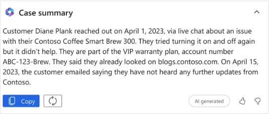 A screen shot of a case summary from Microsoft Copilot