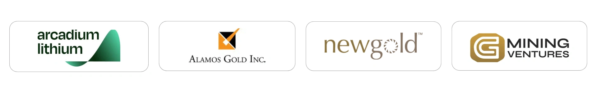Mining client logos of Arcadium Lithium, Alamos gold inc, New gold, and G mining ventures