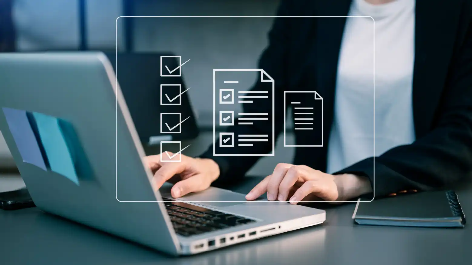 Woman at computer, filling out form