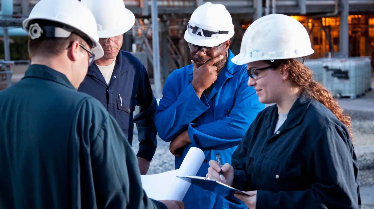 Quatre travailleurs portant des uniformes et des casques de sécurité se rassemblent dans une usine de fabrication et collaborent sur un projet.