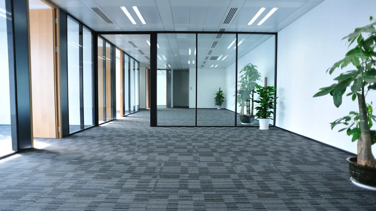 A modern office space with polished wooden doors and glass room dividers