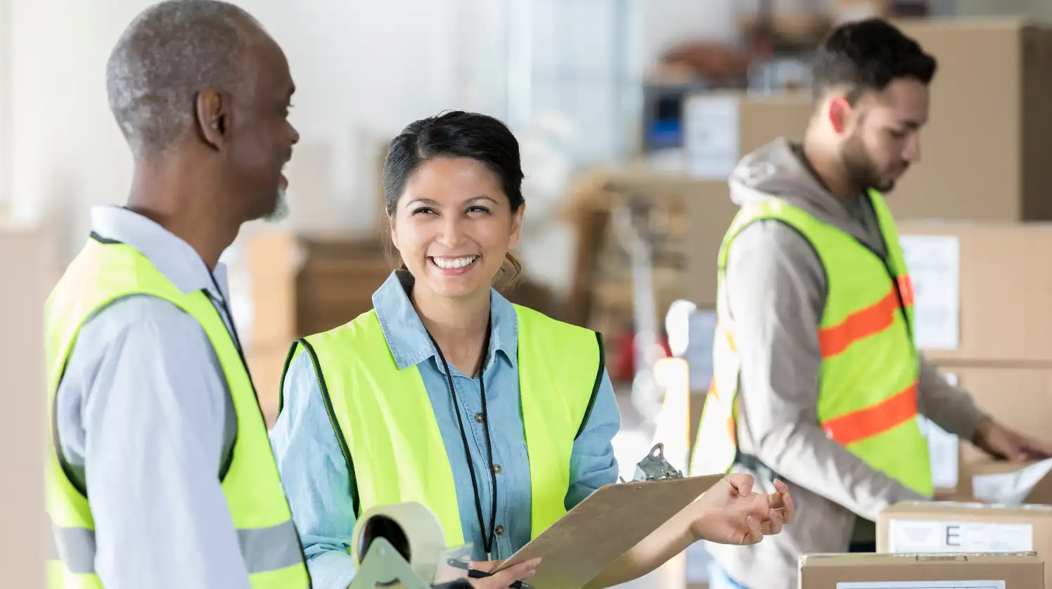 Factory workers in a warehouse happily organizing some products and logging in the data