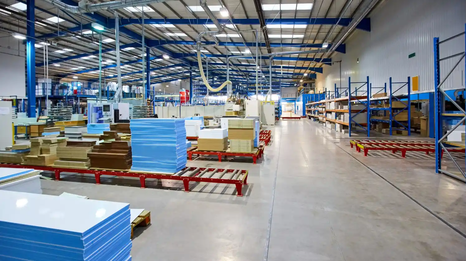 
A warehouse shop floor with stacks of raw material and wooden planks