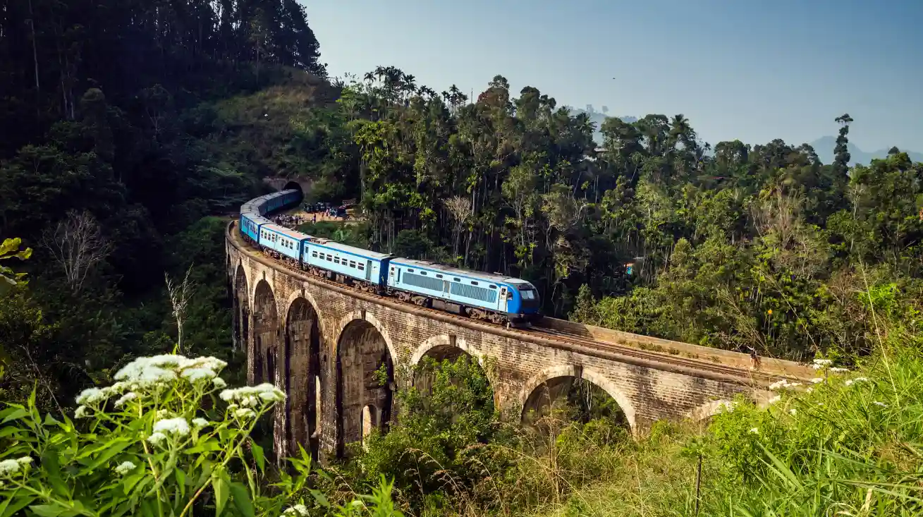 A train moving fastly along a meandering and precarious path