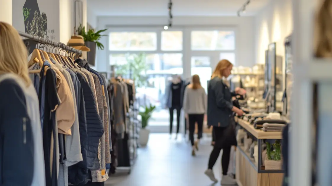 A customer in a modern clothing store is using the check out system to pay for her purchase.