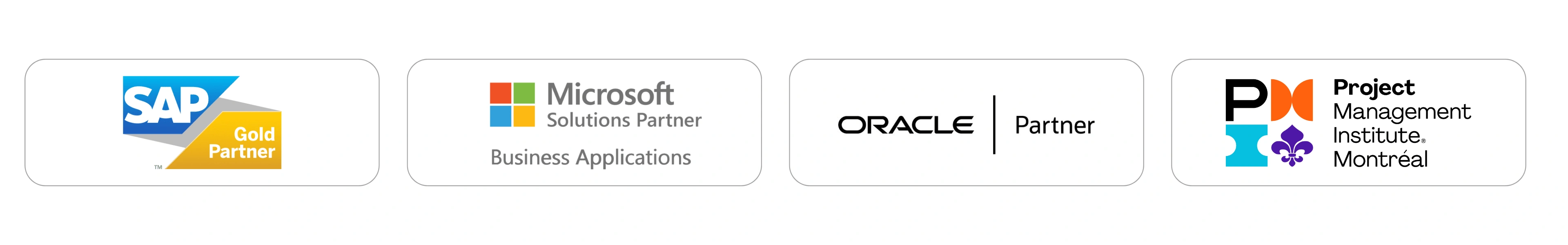Logos de SAP Gold Partner, Microsoft Solutions Partner et de Project Management Institute de Montréal