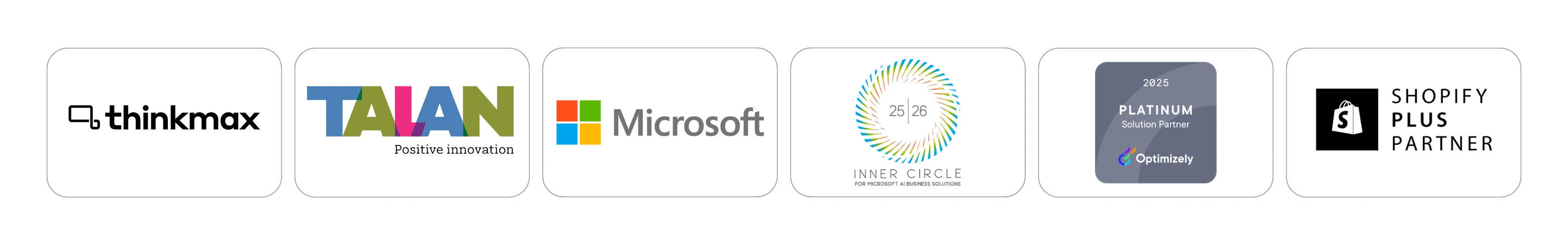 Logos de Thinkmax, Talan, Microsoft, Inner Circle, Optimizely Partenaire Solution Platine et Shopify Plus Partner.