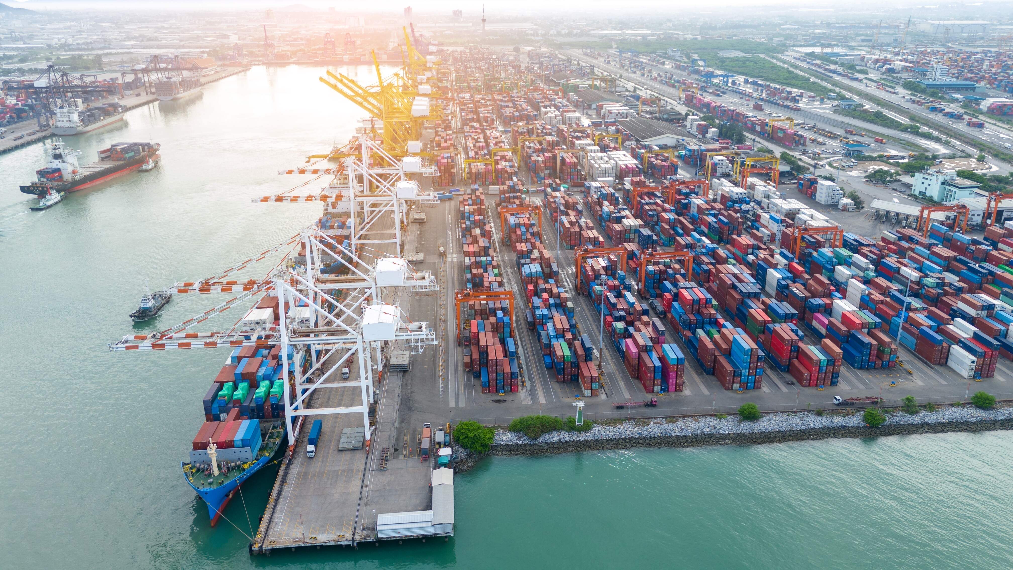 A supply chain lot at a harbor with a ship docking at the plank to unload some packages