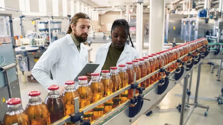 To people in lab coats look at the production line - supply chain
