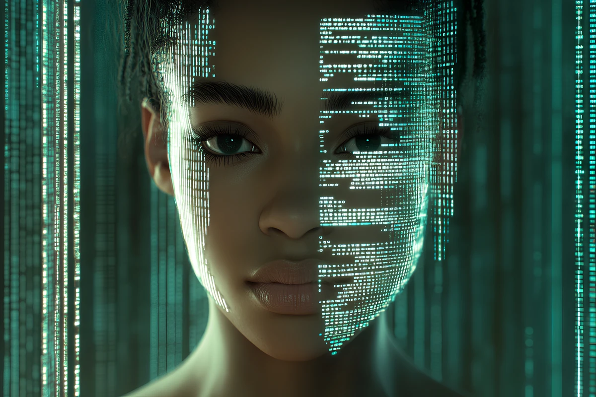 Portrait of a woman with binary code projected on her face, futuristic and artificial intelligence concept
