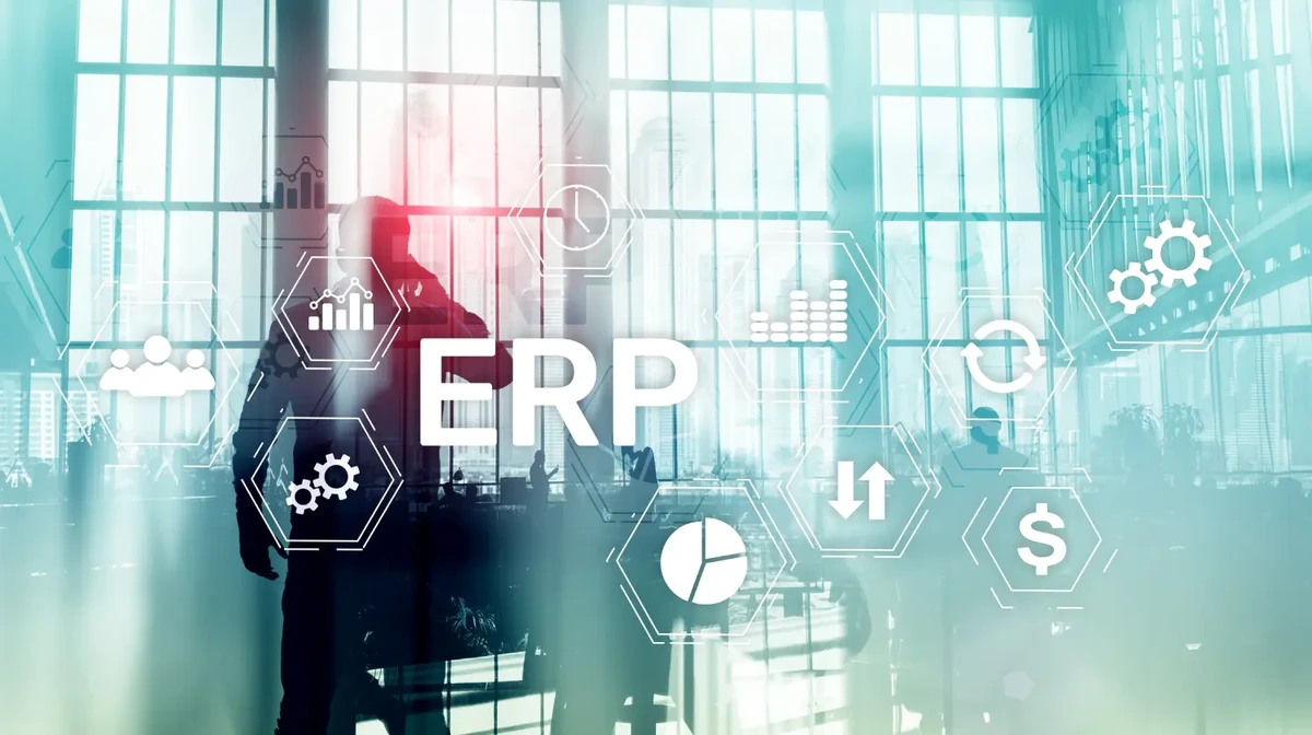 ERP solution logos are displayed on a background of people in an office working with ERP softwares