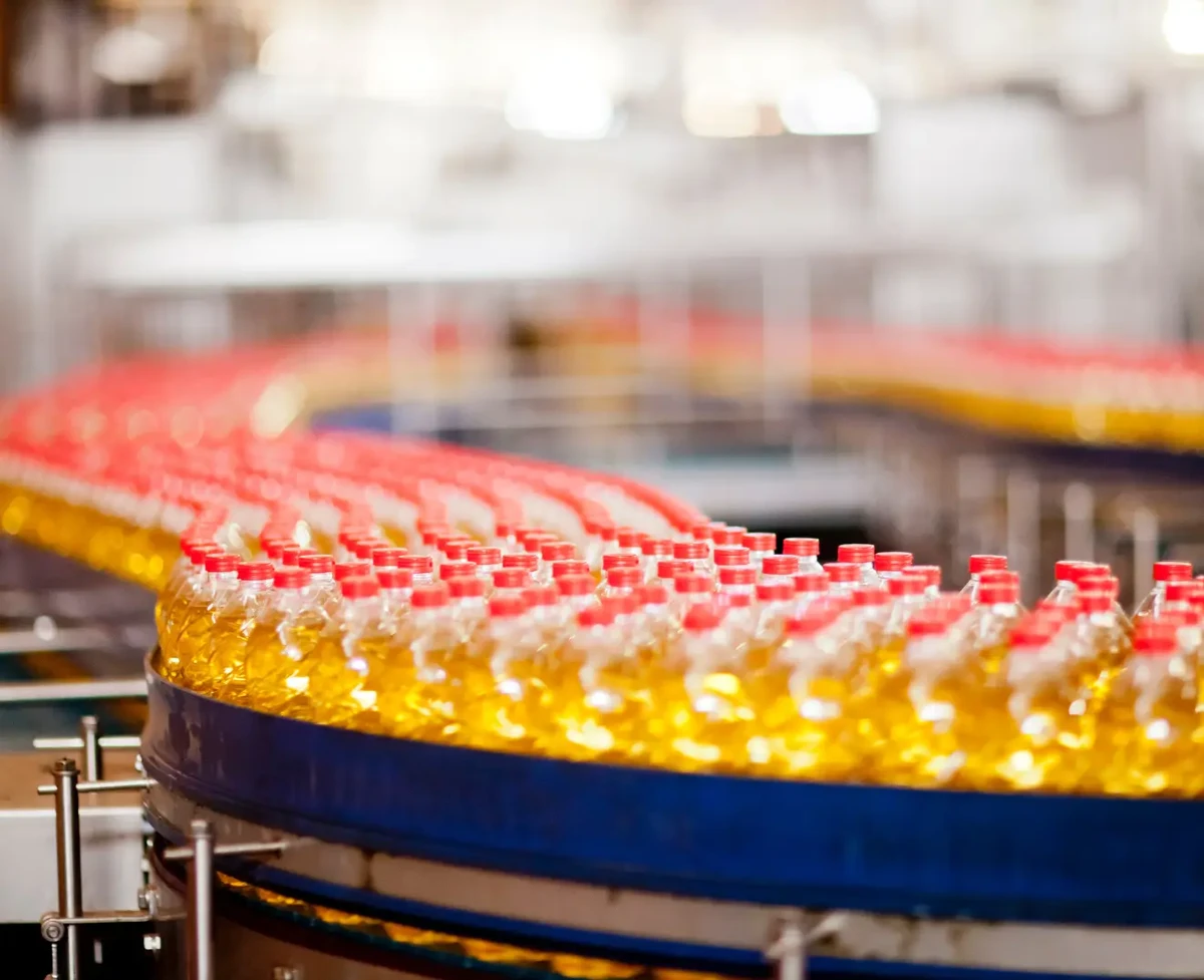 Bottles at a production line in a manufacturing site