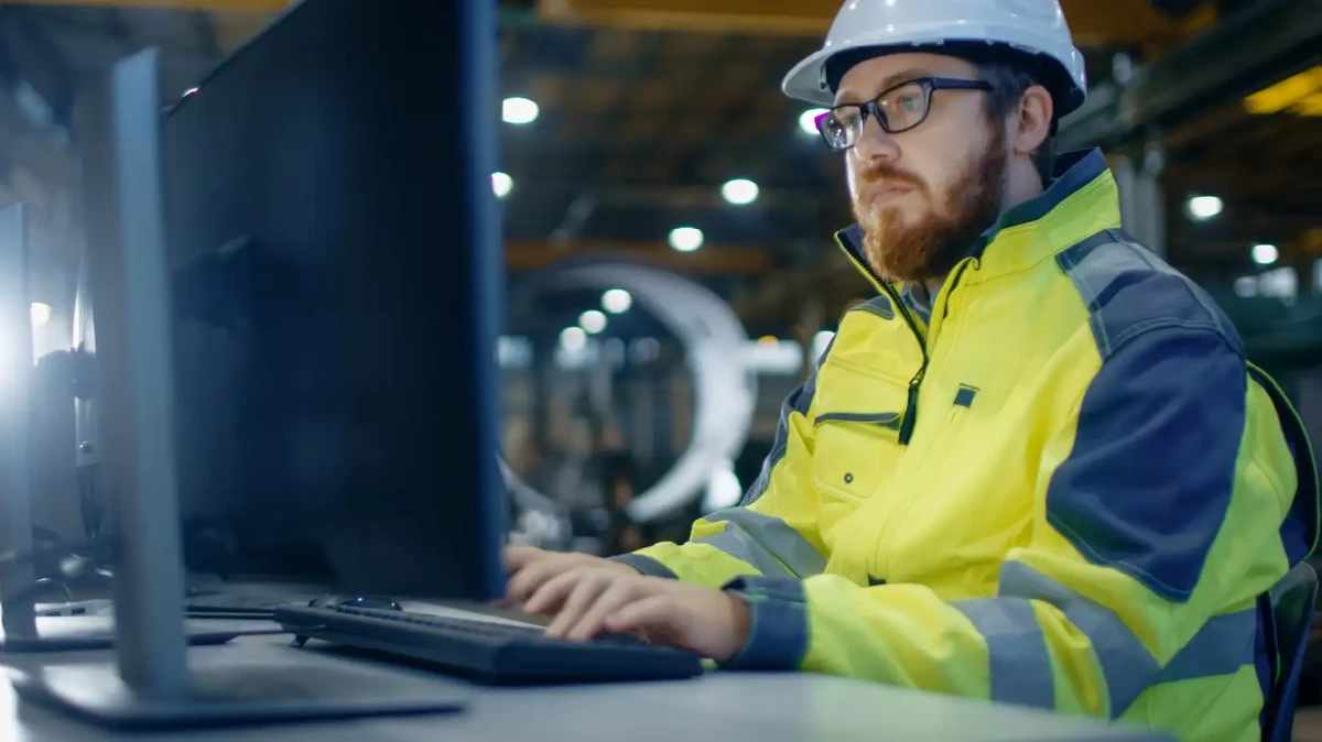 Industrial Engineer Works at Workspace on a Personal Computer. 