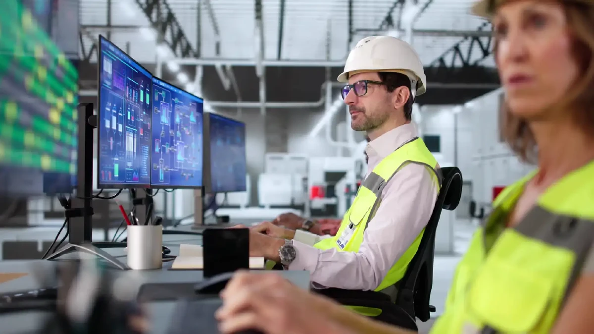 Man and woman control automated machines in diverse factory setting.
