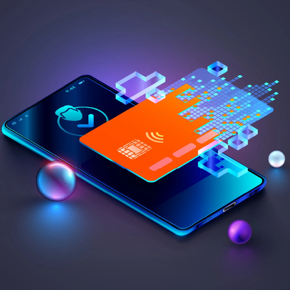 Virtual banking card above an isometric mobile phone showing an internet banking app.