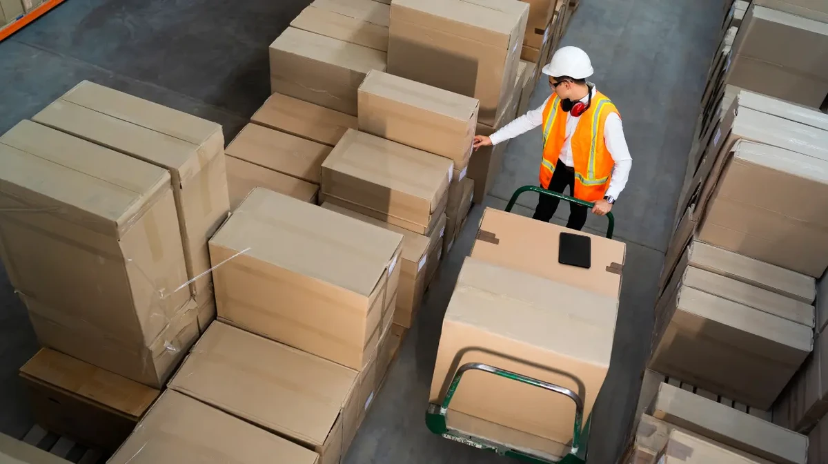 Un employé dans un centre de distribution étiquetant manuellement des colis alignés sur des rangées