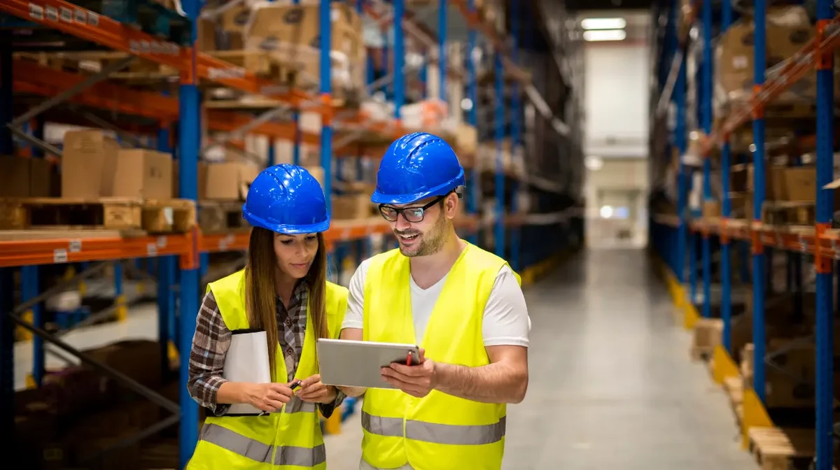 Deux employés dans un entrepôt consultent un logiciel pour localiser efficacement les colis