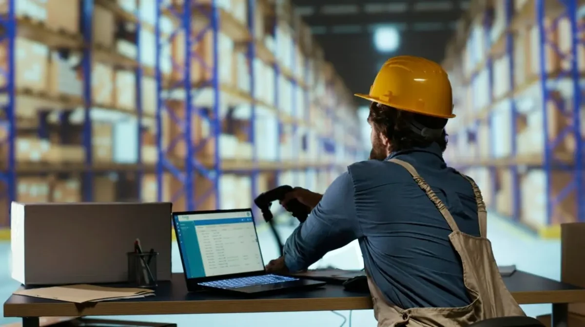 Un employé d’entrepôt trie l’inventaire sur un ordinateur à l’aide d’un logiciel de gestion.