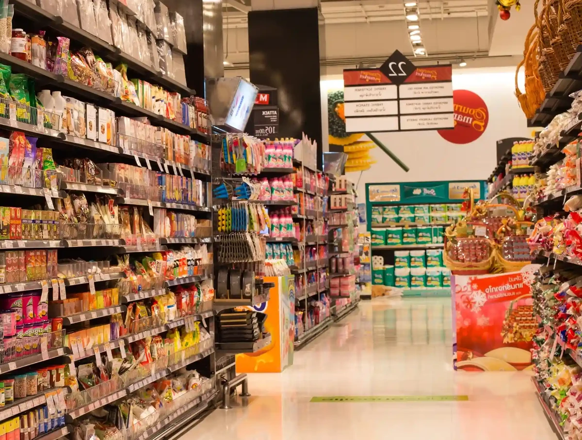 Rows of products in a supermarket