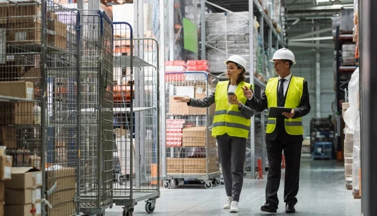 Logistics team with hard hats walking with coffee near inventory while inspecting warehouse