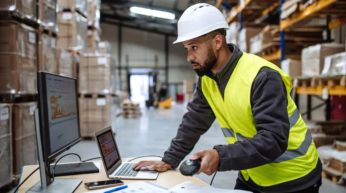 Un employé d’entrepôt vérifie l’inventaire et les stocks sur un ordinateur à l’aide d’un logiciel de gestion d’entrepôt.