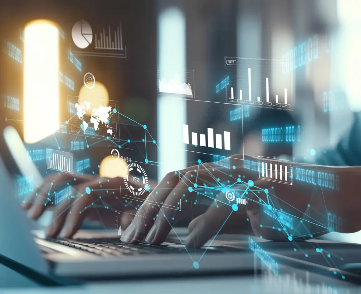 A business woman is using laptop with data dashboard