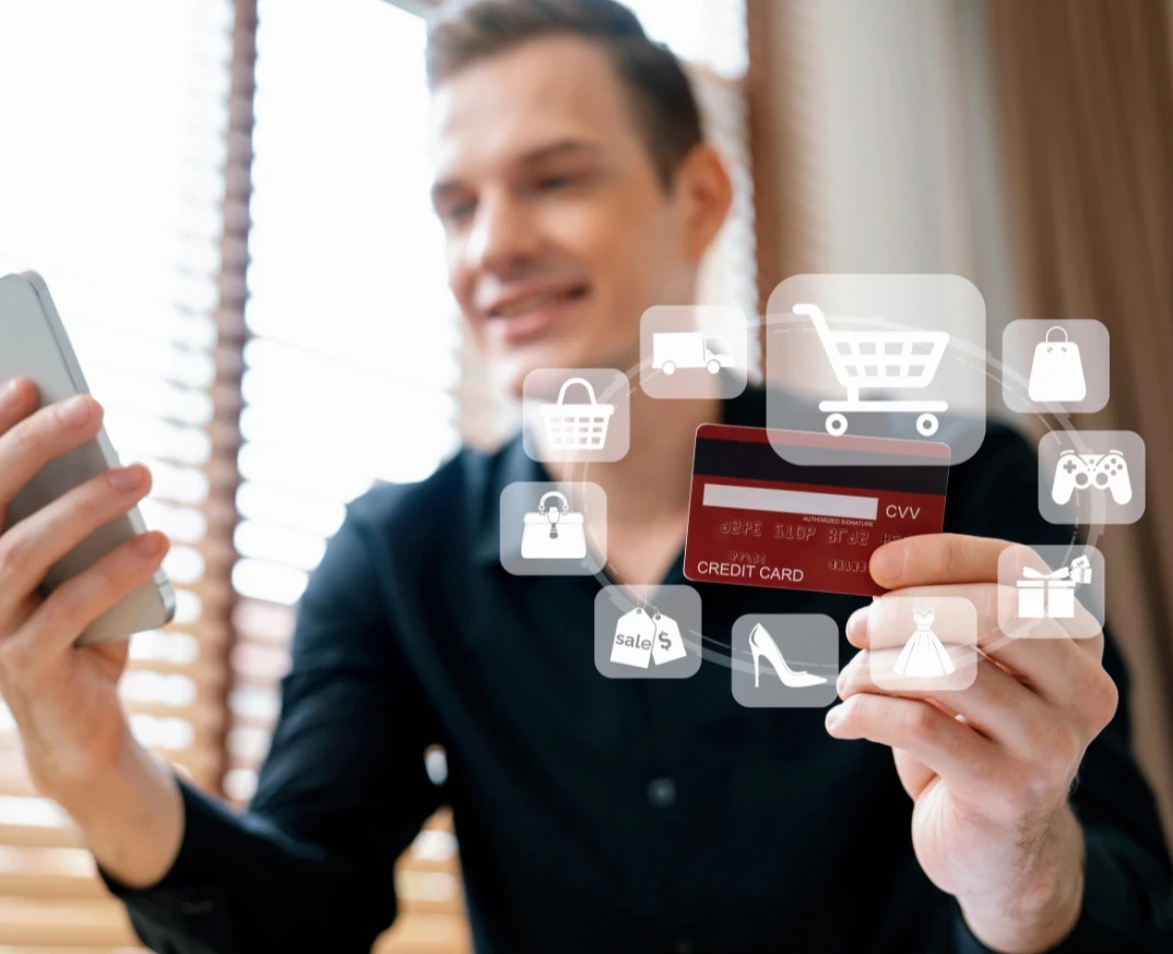 Customer open hologram graphic interface controlling device choosing online platform.