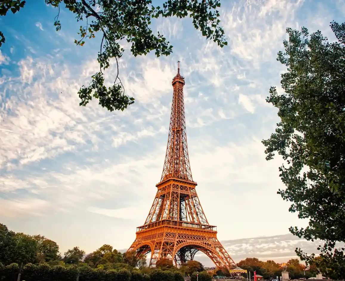 A picture of Paris showing the Eiffel Tower silhouette by clouds and spring flowers