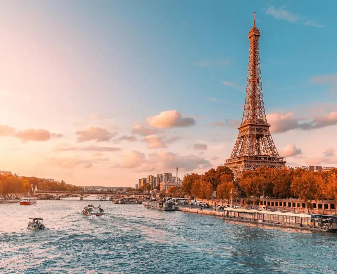 A picture of Paris, showing the Eiffel Tower and Seine River