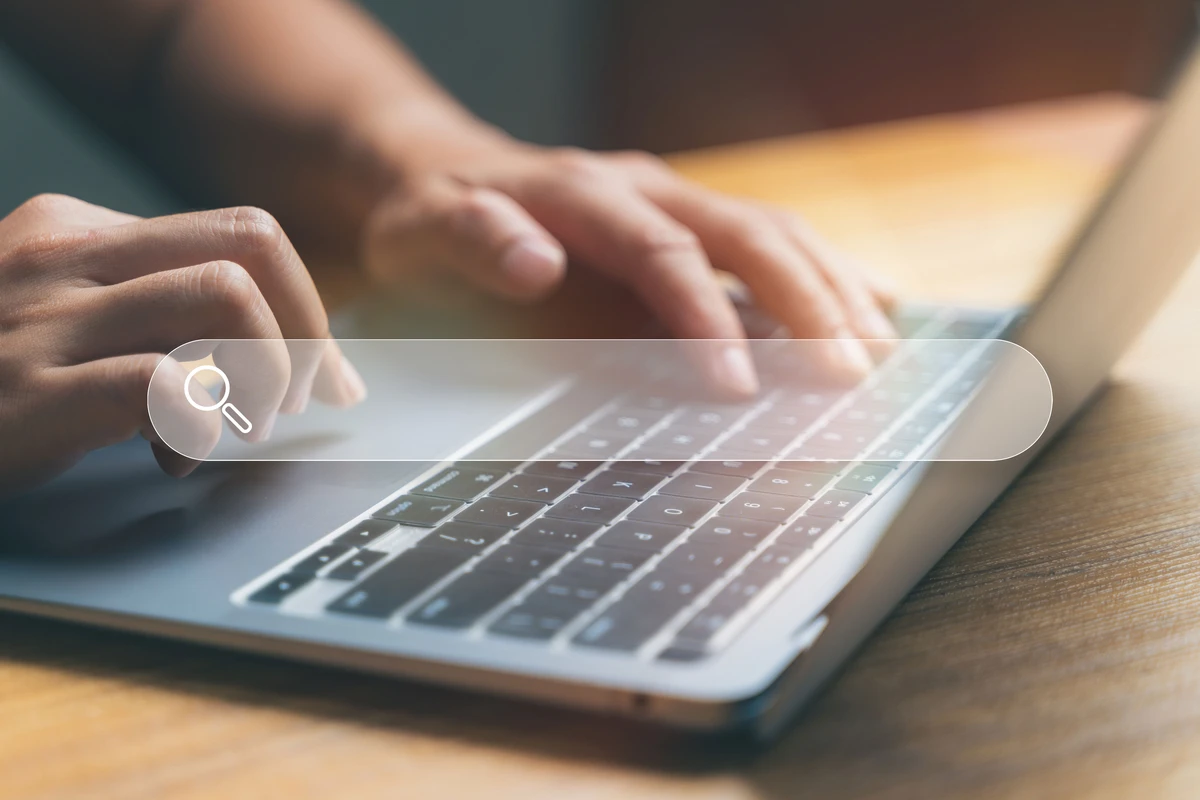 Hand Laptop Search bar icon. Search engine concept