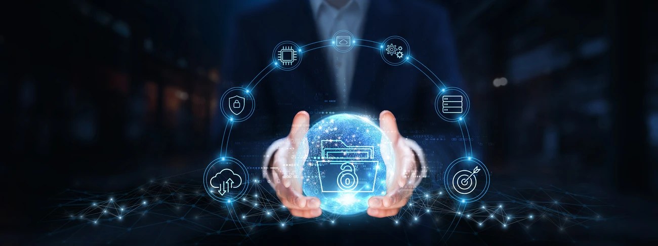 Businessman hands hold global open data technology, data sharing concept