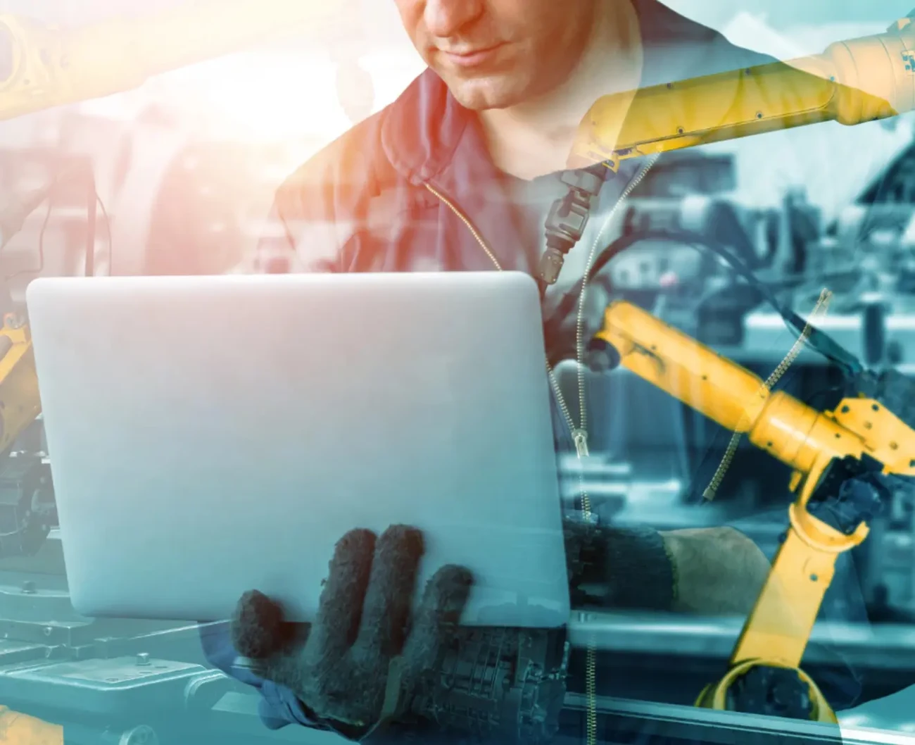 Un homme consulte des solutions pour améliorer la productivité sur son ordinateur portable, avec en arrière-plan une superposition d’images de machinerie industrielle.