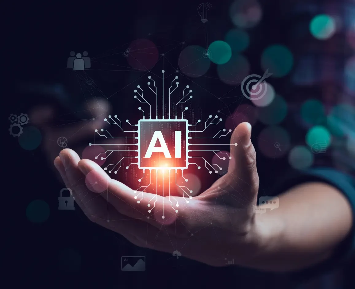 A man holding a hologram of an AI  neural network