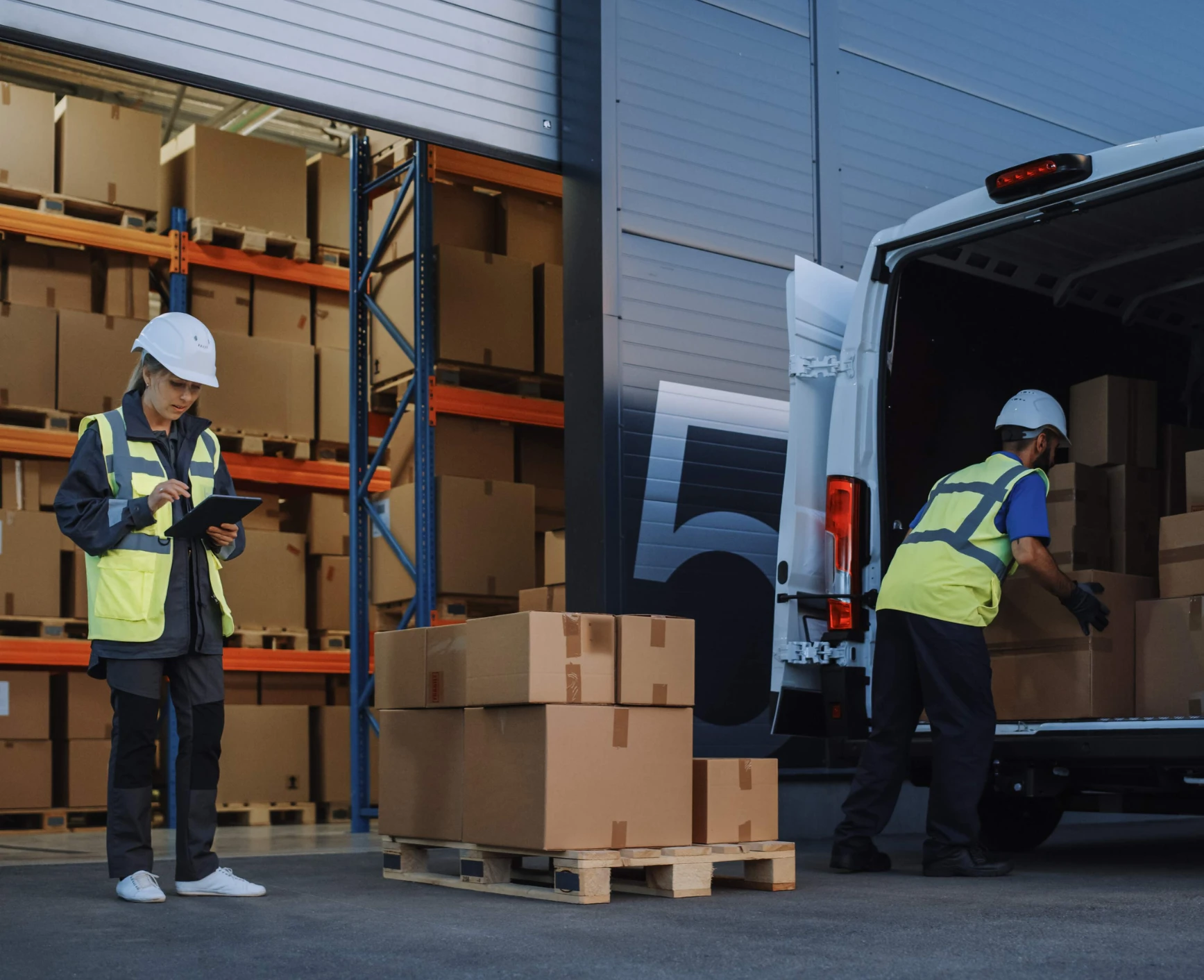 Le bon stock, au bon moment. Des personnes avec des boîtes sortant de l&#039;entrepôt